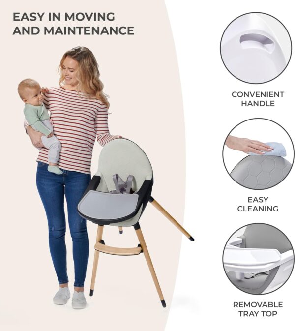 Kinderkraft Fini 2-in-1 High Chair, Baby Chair, Combination High Chair, Wooden Legs, Seat Belts, Footrest, Double Tray, from 6 Months to 5 Years, 5 Point Straps, Grey - Image 6