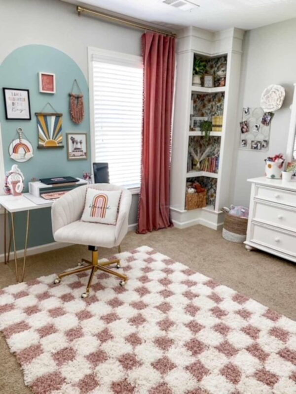 Hauteloom Etiler Checkered Shag Area Rug - Checkboard Design - High Pile Fluffy Shaggy Touch - Square Tiles - Kids Room, Nursery, Living Room Shaggy Carpet - Pink, Cream, White - 5'3" x 7'3" - Image 5