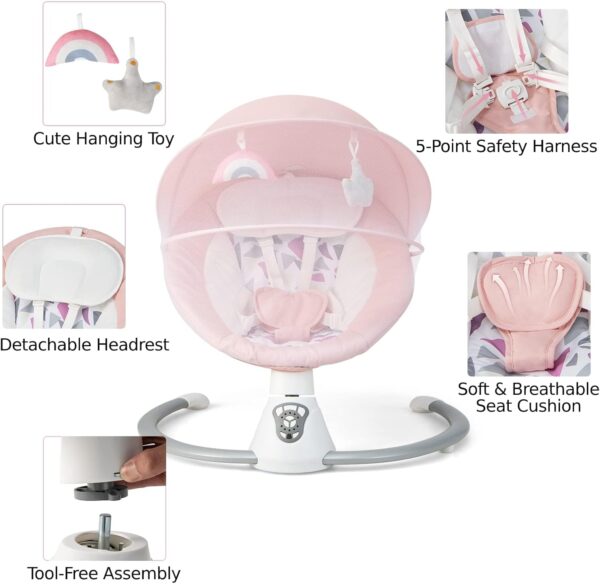 GYMAX Electric Baby Bouncer, Baby Swing Chair with 5 Swing Speed, Remote Control and Timing Function, Portable Newborn Rocking Chair (Pink) - Image 7