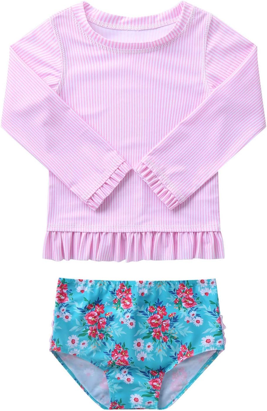 71AJy5zBI9L._AC_SL1500_.jpg dPois Infant Baby Girls Floral One Piece Long Sleeve Rash Guard Swimsuit Shirt with Ruffle Bloomers Swimsuit - Image 1