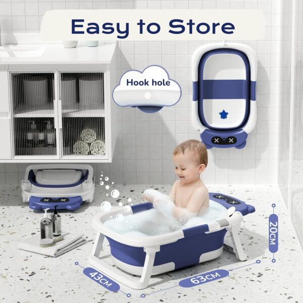 COOSEYA Baby Bath Tub Foldable, Baby Bathtub Collapsible Essentials for Newborn with Soft Cushion (0-18Months), Baby Shower for Infant to Toddler Gift Portable Space-Saving Travel, Navy Blue - Image 3