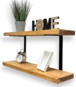 Double Rustic Wooden Shelves Wall-Mounted Shelf with Seated Double Black L Brackets, Made from Solid Timber - Ideal for Kitchen Living Room Decor (100cm) - Image 7