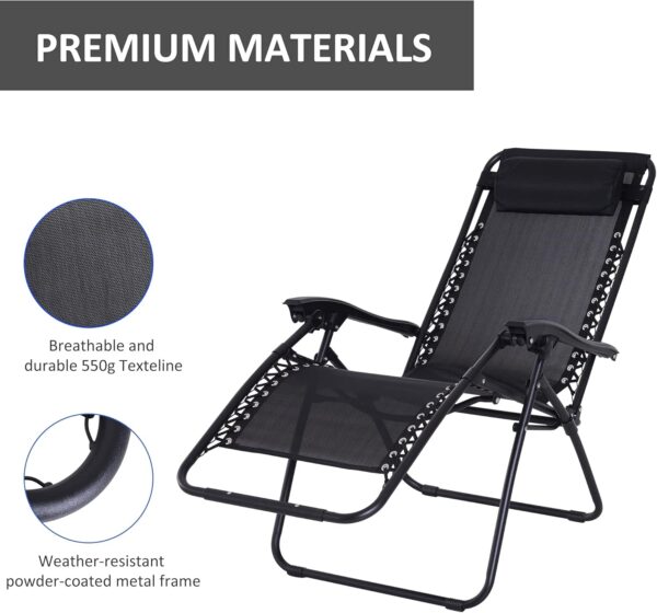 Outsunny Zero Gravity Chair Metal Frame Texteline Armchair Outdoor Folding and Reclining Sun Lounger with Head Pillow for Patio Decking Gardens Camping, Black - Image 6