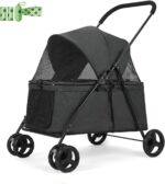 AESRAOU Dog Travel Stroller with 4 Heavy Duty Wheels, Foldable Pet Stroller with Adjustable Handle - Double Doggie Capacity Jogger Wagon with Back Front Door for Small Medium Dogs (Black) - Image 6