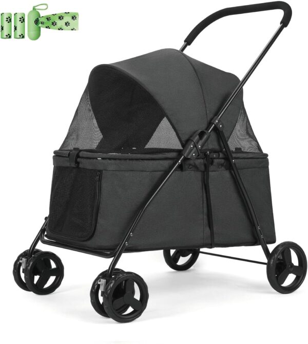 AESRAOU Dog Travel Stroller with 4 Heavy Duty Wheels, Foldable Pet Stroller with Adjustable Handle - Double Doggie Capacity Jogger Wagon with Back Front Door for Small Medium Dogs (Black) - Image 6