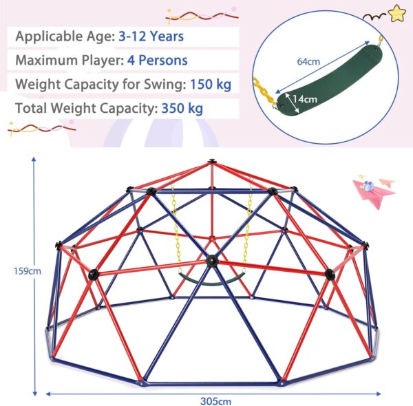 GYMAX 10FT Dome Climber, Kids Climbing Set with Swing and Convenient Grip, Indoor Outdoor Children Climbing Frame for 3-12 Years Old Boys Girls, Max Weight 350kg (Red+Blue, 305x293x159cm) - Image 5