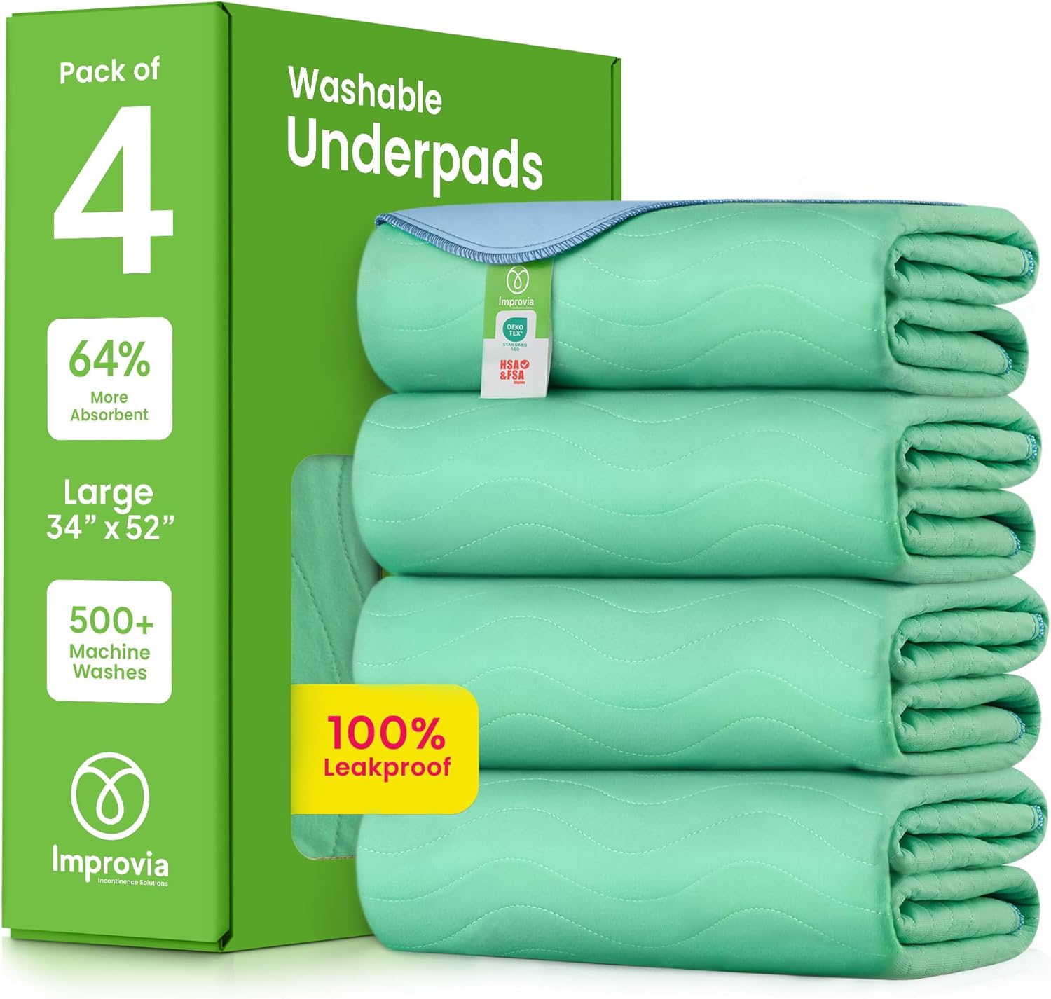 71BJu-c7A4L._AC_SL1500_.jpg IMPROVIA® Washable Underpads, 34" x 52" (Pack of 4) - Heavy Absorbency Reusable Incontinence Pads for Kids, Adults, Elderly, and Pets - Waterproof Protective Pad for Bed, Couch, Sofa, Furniture, Floor - Image 1