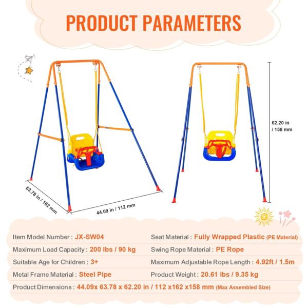VEVOR 3-in-1 Toddler Swing Set with 4 Sandbags, Foldable Metal Stand, Easy to Assemble, Swingset Indoor/Outdoor for Kids Aged 3+, Blue+Yellow, 9.35 kg - Image 7