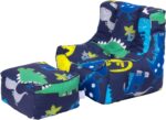 Ready Steady Bed Kids Bean Bag Chair With Footstool | Child Play Safe Soft Seat Playroom Sofa | Ergonomically Designed Toddler Armchair | Comfy Children Furniture (Dino Dark)