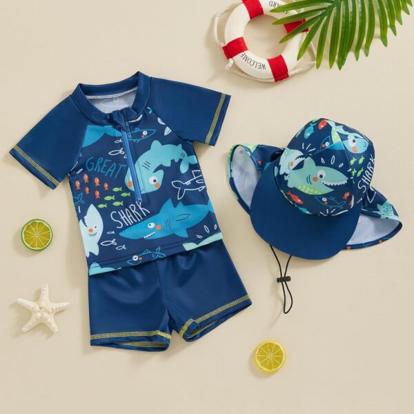 WERNZATT Toddler Baby Boys 3 Pieces Swimsuit Set Swimwear Dinosaur Shark Zipper Bathing Suit UPF 50+ Rash Guards with Hat - Image 2