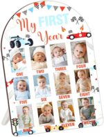 Cheerupp Race Car My First Year Photo Frame Board, One Year Birthday Wooden Picture Frame, Newborn 12 Months Milestone Picture Memories Display Board, Gifts for 1st Birthday Nursery Keepsake