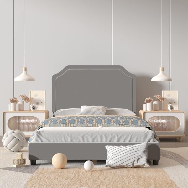 DGBAOBEI Velvet Wooden Kids Bed, Single Children Bed Frame with Headboard and Footboard, Solid Wood Toddler Bed for Child(Grey) - Image 5