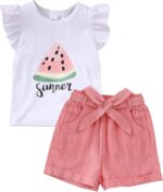 GiHaood Baby Girl Clothes Toddler Summer Outfit Ruffle Sleeve Printed Tops Linen Shorts With Belt And Pocket 2PCS Sets