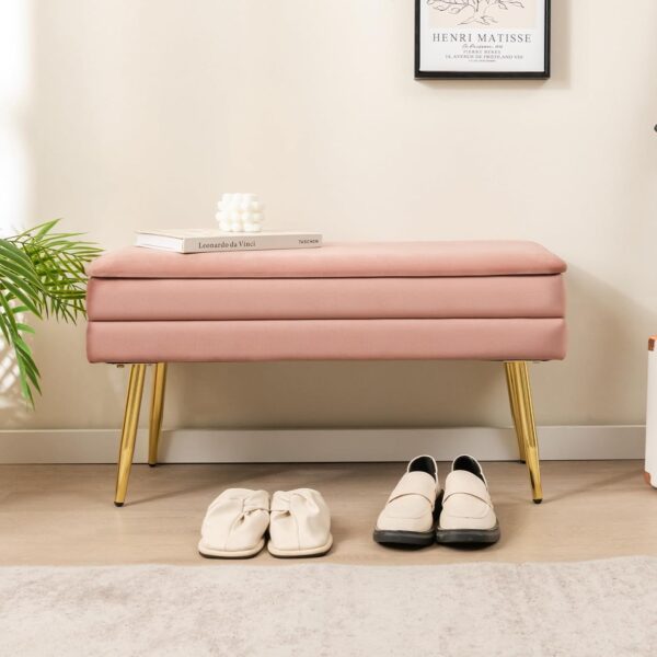 COSTWAY Storage Ottoman with Removable Top, Velvet Upholstered Storage Bench with Compartment & Gold Metal Legs, Modern Rectangular Footstool for Bedroom Living Room (Pink) - Image 2