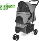 Zevcri Dog Pram for Small Dogs Easy Fold Cats Travel Pet Dog Stroller Foldable Dog Carriers for Medium Dogs Pushchair Buggy Wagon Trolley with 3 Rubber Wheels Storage Basket, Black (Dark Grey)