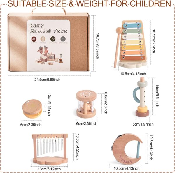 Smartwo Kids Musical Instruments, Wooden Montessori Music Toy Set for Toddler 1 2 3 Years Old, Baby Xylophone Tambourine Rattle Trumpet Wind Chime, Gift for Boys Girls - Image 6