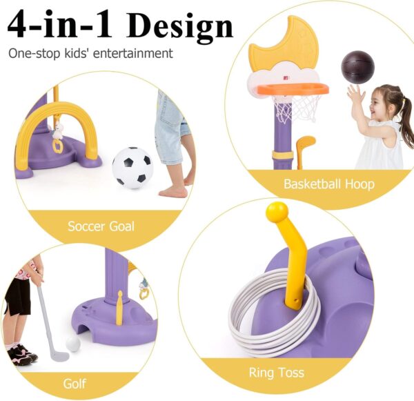 Maxmass 4 in 1 Kids Basketball Hoop Set, 9 Levels Toddler Basketball Stand with Electronic Scoreboard, Soccer Goal, Ring Toss, Golf Set, Kids Sports Activity Center for Boys Girls (Purple+Yellow) - Image 2