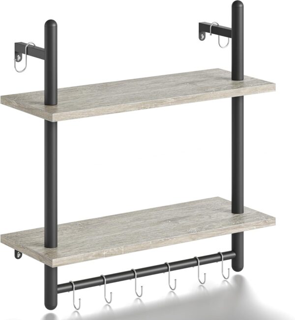 Bestier Floating Shelves Kitchen Shelves Wall Mounted 24" Wood Floating Shelf Bathroom 2 Tier Ladder Shelves with Tower Bar, Wall Decor for Bedroom, Living Room, Wine bar & Dorm,Grey Oak - Image 9