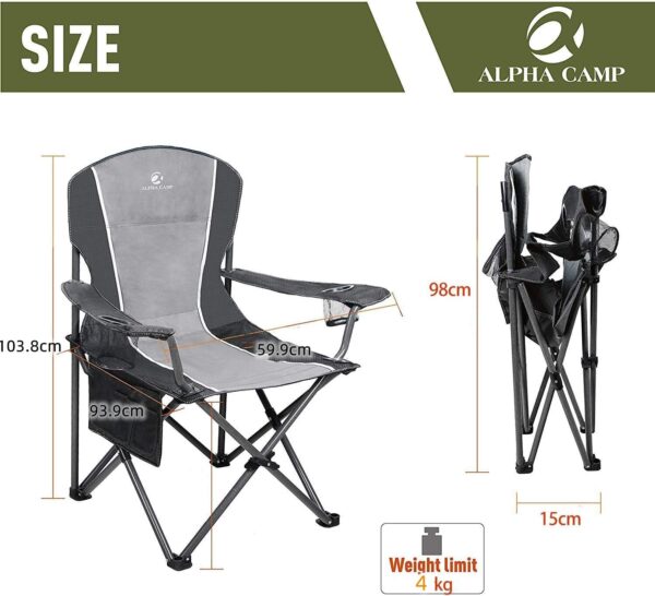 ALPHA CAMP Oversized Camping Folding Portable Chair Heavy Duty Steel Frame Support 160kg Arm Chair with Cup Holder Quad Lumbar Back Chair for Outdoor/Indoor_Gray-Black - Image 2