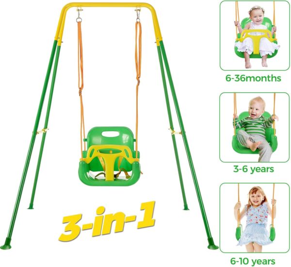 FUNLIO Toddler Swing with 4 Sandbags, Heavy-Duty Kid Swing with Safety Harness for Garden, Indoor Swing for Baby with Folding Metal Stand, Outdoor Play Equipment for Children - Light Green - Image 2