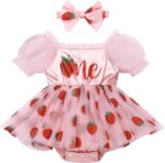 Odizli Baby Girls 1st Birthday Outfit Summer Short Sleeve One Embroidered Tulle Romper Dress + Headband Cake Smash Photo Shoot