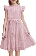 Arshiner Girls Dresses Ruffle Sleeve Summer Dress Ruffle Neck Chiffon Dress Solid Color Children's Dress Elegant A Line Party Dress Children Festive Dress with Belt 5-13 Years