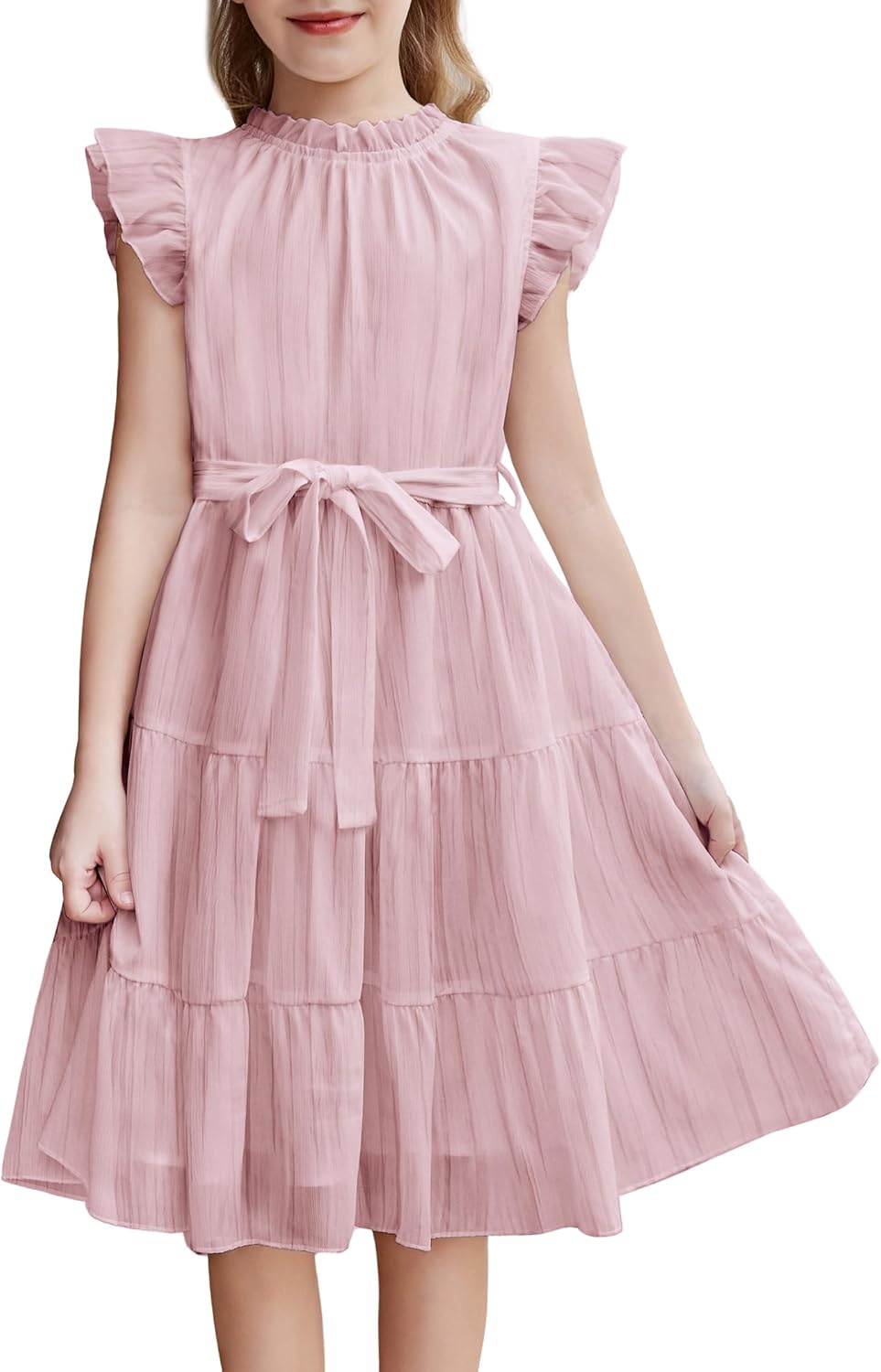71HlIRQzeIL._AC_SL1500_.jpg Arshiner Girls Dresses Ruffle Sleeve Summer Dress Ruffle Neck Chiffon Dress Solid Color Children's Dress Elegant A Line Party Dress Children Festive Dress with Belt 5-13 Years - Image 1