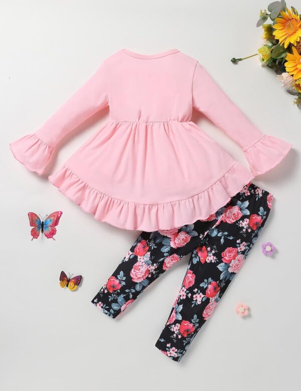 puseky Toddler Baby Girl Clothes Long Sleeve Ruffle Bow Solid Shirt Dress Tops and Floral Pants Girls Fall Clothes Sets - Image 3