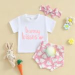 Dubute Easter Baby Girl Summer Outfits Bunny Print Short Sleeves T-Shirt + Bloomer Shorts + Headwear Clothes 3PCS Set - Image 3