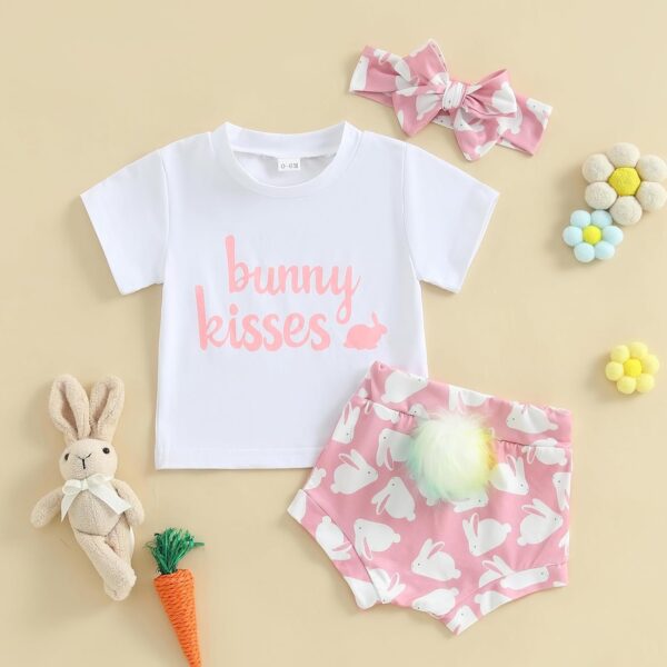 Dubute Easter Baby Girl Summer Outfits Bunny Print Short Sleeves T-Shirt + Bloomer Shorts + Headwear Clothes 3PCS Set - Image 3