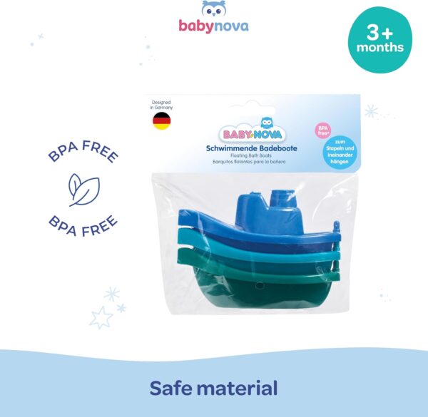 babynova Bath boats - Educational Baby & Toddler Toys - 3+ Months - 3 pcs Set - Motor skills development - Suitable for bathtub and sandbox - BPA Free - Blue, Turquoise, Green - Image 5