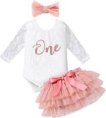 FYMNSI Baby Girls 1st Birthday Photo Shooting Outfit Floral Lace Long Sleeve Romper + Tutu Skirt + Bowknot Headband 3pcs Set