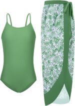 Naiyafly Girls One Piece Swimsuit with Cover Up Wrap Skirt Set Tropical Sequin Girls Swimsuit Cool Printed Bathing Suit Girls Beach Swimwear 9-14 Years
