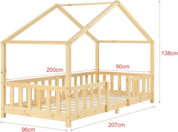 [en.casa] Children's bed Treviolo house bed 90 x 200 cm wooden bed for children with fall-out protection bed frame with slatted frame pine wood wood colours - Image 2