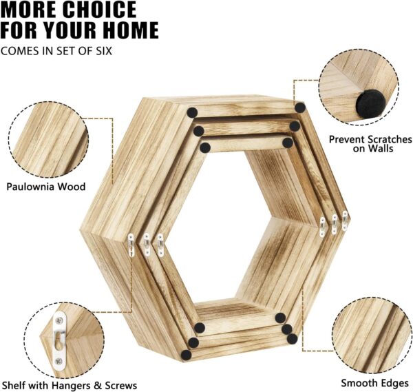 Hexagonal Floating Shelves Wall Mounted Set of 6 Wooden Hexagon Shelves Farmhouse Storage Honeycomb Wall Shelves Hexagon Hanging Shelves Rustic Geometric Wall Shelf for Nursery Bedroom Living Room - Image 6