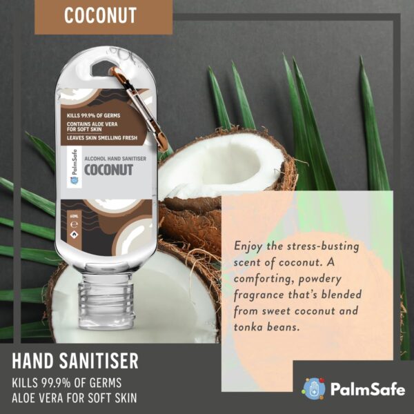 Palm Safe Coconut 60ml Anti Bacterial Premium Hand Sanitiser Travel Size Refillable Clip Bottle Quick Drying Non Sticky Extra Moisturising Kills 99.9% of Viruses and Bacteria - Image 4