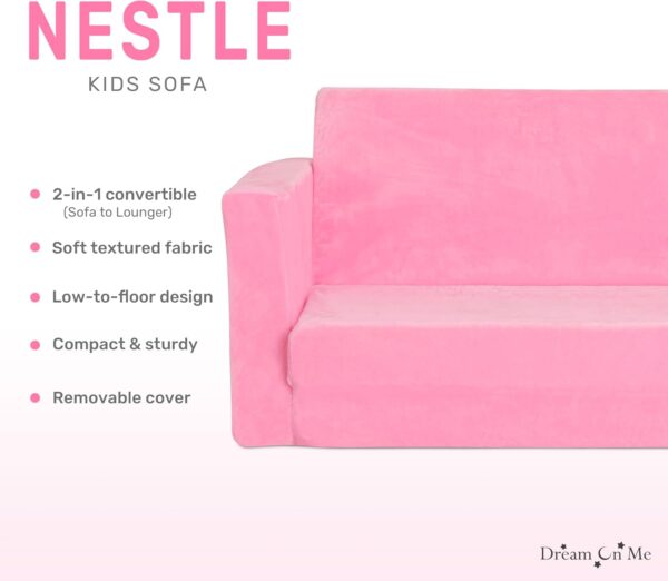 Dream On Me Nestle Kids Sofa in Pink, 2-in-1 Kids Sofa Couch, Convertible Sofa to Lounger, Low to Floor Design, Machine Washable Fabric Cover - Image 5