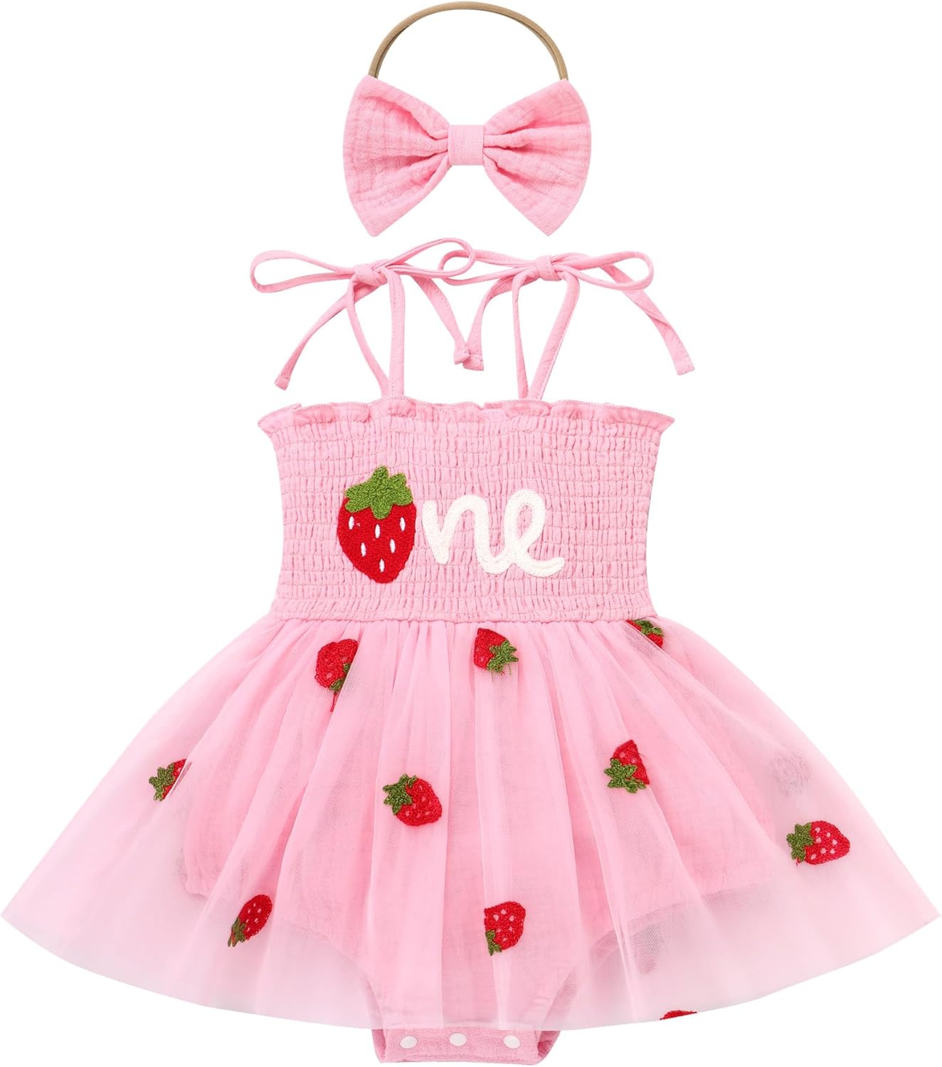 71KtAIpLDQL._AC_SL1500_.jpg Odizli Baby Girls 1st Birthday Outfit Cotton Summer Spaghetti Straps One Embroidered Tulle Romper Dress + Headband - Image 1