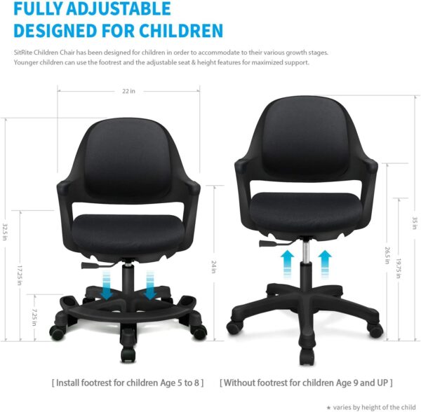 Ergonomic Kids Desk Chair with Footrest, Height Adjustable Seat, Comfortable Cushion Study Computer Task Chair, Smooth Rolling Wheels for Student and Children, Piano Black - Image 2