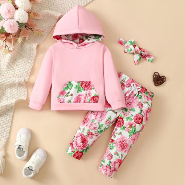 QUNERY Toddler baby girl Clothes Floral Hoodie Sweatshirt Pants with Pocket Girls Outfit Sets - Image 3