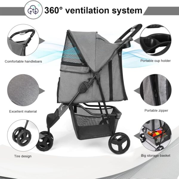 Zevcri Dog Pram for Small Dogs Easy Fold Cats Travel Pet Dog Stroller Foldable Dog Carriers for Medium Dogs Pushchair Buggy Wagon Trolley with 3 Rubber Wheels Storage Basket, Black (Dark Grey) - Image 3