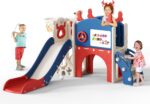 Krovtoy Christmas Elk Theme Toddler Slide,Toddler Slide Freestanding with Basketball Hoop, golf set,Baby Slide Playground Equipment,for in/outdoor use (Blue Red-6 in 1)