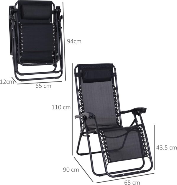 Outsunny Zero Gravity Chair Metal Frame Texteline Armchair Outdoor Folding and Reclining Sun Lounger with Head Pillow for Patio Decking Gardens Camping, Black - Image 3