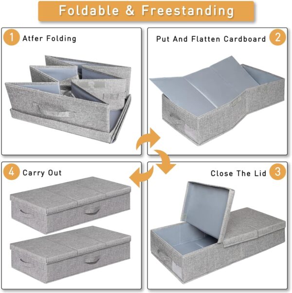 punemi Under Bed Storage With Lids, 2 Pack Large Underbed Storage Containers Clothes W/ 3 Handles, Foldable Low Profile Stackable Storage Drawer Organizer Bins Box for Blanket Shoe Toy Bedroom, Grey - Image 9