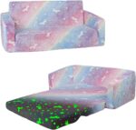 Decalsweet Unicorn Foldable Kids Sofa,Double Seat 2 in 1 Flip Open Kids Sofa Bed with Pocket,Glow In The Dark Children's Sofa for Bedroom Playroom