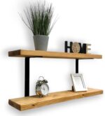 Double Rustic Wooden Shelves Wall-Mounted Shelf with Seated Double Black L Brackets, Made from Solid Timber - Ideal for Kitchen Living Room Decor (100cm)