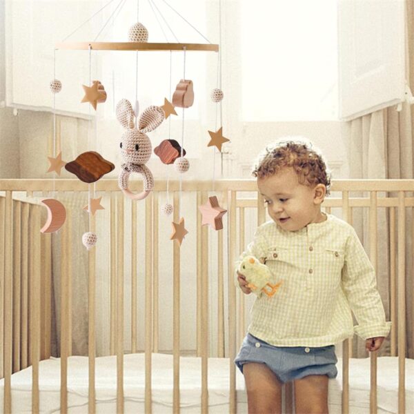 Baby Crib Mobile, Wood Animal Cot Mobile, Baby Cot Mobile, Handmade Wood Crochet Mobile, Newborn Boy Girl Bed Bell Hanging Deco Nursery Mobiles for Babies (Khaki) - Image 2