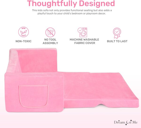 Dream On Me Nestle Kids Sofa in Pink, 2-in-1 Kids Sofa Couch, Convertible Sofa to Lounger, Low to Floor Design, Machine Washable Fabric Cover - Image 6