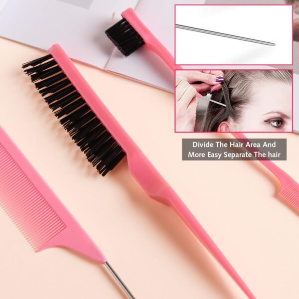 3 Pcs Slick Back Hair Brush Set with Edge Brush, Rat Tail Comb, Bristle Brush, Teasing Brush Set for Smoothing Baby Hair & Flyaways (pink) - Image 6