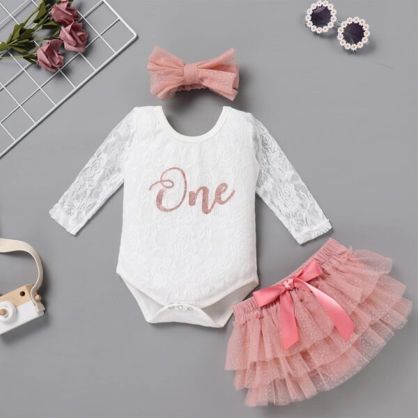 FYMNSI Baby Girls 1st Birthday Photo Shooting Outfit Floral Lace Long Sleeve Romper + Tutu Skirt + Bowknot Headband 3pcs Set - Image 2